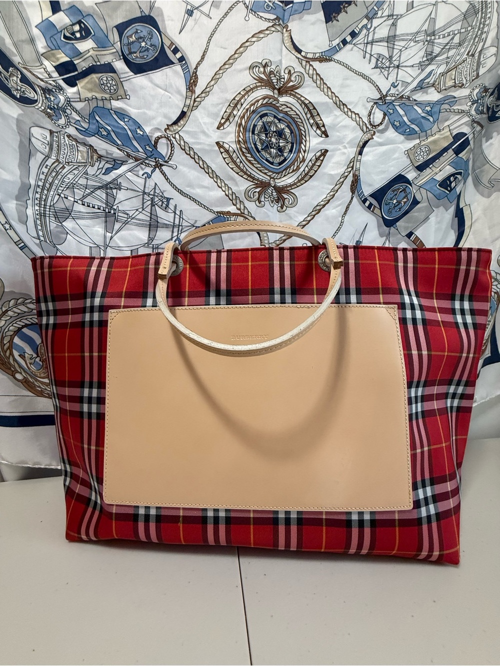 Red Plaid Burberry Tote Bag with Cream Pocket and Handles